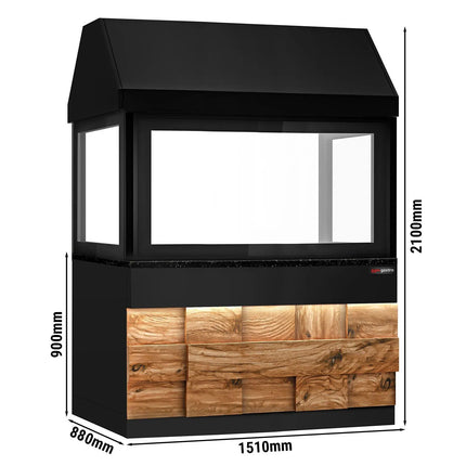 GGM Gastro Bếp Nướng Gas TORONTO - 15.6kW - Đứng Độc Lập - Vỉ Gang - Mặt Trước Gỗ - Mặt Đá Granite Đen - Tấm Chắn Nhiệt Kính Cường Lực