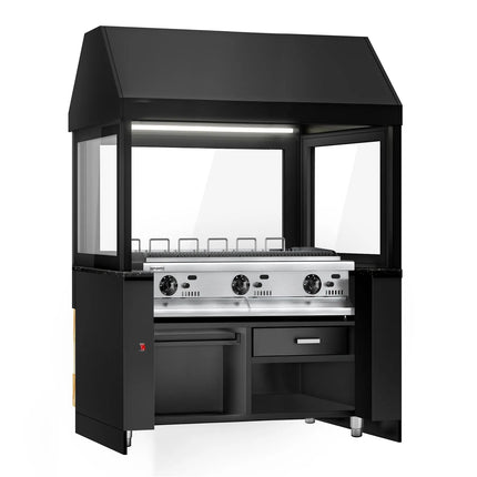 GGM Gastro Bếp Nướng Gas TORONTO - 15.6kW - Đứng Độc Lập - Vỉ Gang - Mặt Trước Gỗ - Mặt Đá Granite Đen - Tấm Chắn Nhiệt Kính Cường Lực