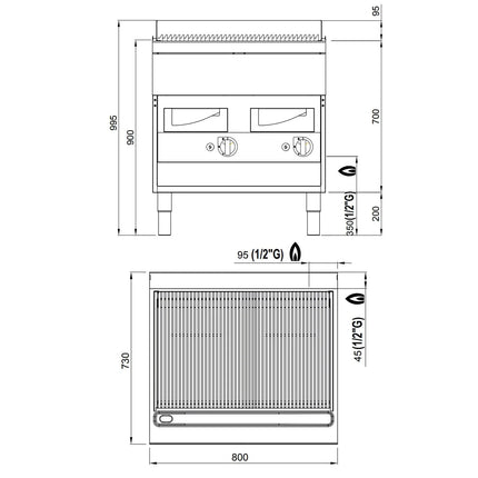 GGM Gastro Bếp Nướng Nước Gas - 800mm - Đứng Độc Lập - Có Chân Đứng - Sâu 730mm - Vỉ Gang - 18kW