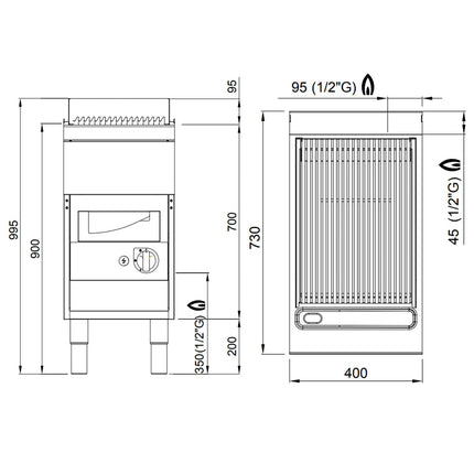 GGM Gastro Bếp Nướng Nước Gas Paolo 700 - 400mm - Đứng Độc Lập - Có Chân Đứng - Vỉ Gang - Sâu 730mm - 9kW