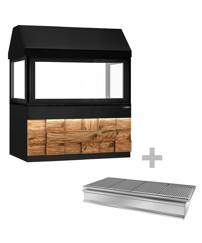 GGM Gastro Bếp Nướng Than - 1900mm - Mặt Trước Gỗ - Mặt Đá Granite Đen - Mặt Kính Cường Lực - 4 Vỉ Nướng