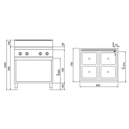GGM Gastro Bếp Từ Đứng - 14kW - 4 Vùng - Có Kệ Dưới Hở - Hạng Nặng