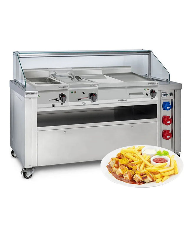 GGM Gastro (Bộ 5 Món) Trạm Nấu Điện Di Động Có Hút Mùi - Bếp Chiên Phẳng + Bếp Chiên 10L + Module Trung Tính + Bếp Cách Thủy - 1600x850mm