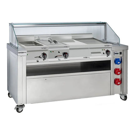 GGM Gastro (Bộ 5 Món) Trạm Nấu Điện Di Động Có Hút Mùi - Bếp Chiên Phẳng + Bếp Chiên 10L + Module Trung Tính + Bếp Cách Thủy - 1600x850mm