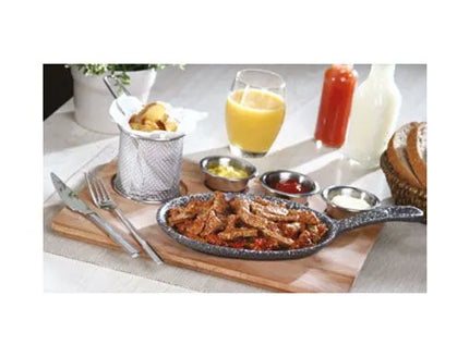 GGM Gastro Bộ Đĩa Nóng - Bộ 6 Món - Gồm 3 Chén Nhỏ & Giỏ Chiên & Đế Gỗ - Chảo Gang Tôi Sẵn & Phụ Kiện Thép Không Gỉ AISI 304 & Đế MDF - 350x260mm - Hình Bầu Dục