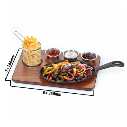 GGM Gastro Bộ Đĩa Nóng - Bộ 6 Món - Gồm 3 Chén Nhỏ & Giỏ Chiên & Đế Gỗ - Chảo Gang Tôi Sẵn & Phụ Kiện Thép Không Gỉ AISI 304 & Đế MDF - 350x260mm - Hình Bầu Dục