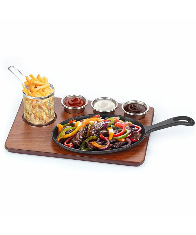 GGM Gastro Bộ Đĩa Nóng - Bộ 6 Món - Gồm Đế Gỗ, 3 Chén Nhỏ & Giỏ Chiên - Chảo Gang Tôi Sẵn; Chén & Giỏ Thép Không Gỉ (AISI 304); Đế MDF - 350x260mm - Hình Bầu Dục