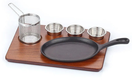 GGM Gastro Bộ Đĩa Nóng - Bộ 6 Món - Gồm Đế Gỗ, 3 Chén Nhỏ & Giỏ Chiên - Chảo Gang Tôi Sẵn; Chén & Giỏ Thép Không Gỉ (AISI 304); Đế MDF - 350x260mm - Hình Bầu Dục