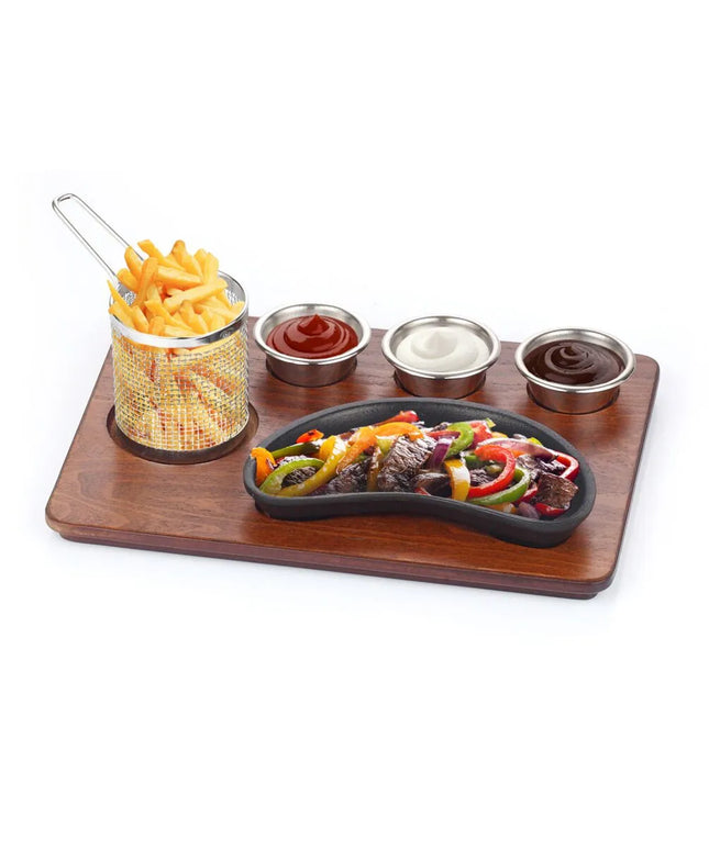 GGM Gastro Bộ Đĩa Nóng Fajita - Bộ 6 Món - Gồm Đế Gỗ, 3 Chén Nhỏ & Giỏ Chiên - Chảo Gang & Phụ Kiện Thép Không Gỉ (AISI 304) - 350x260mm - Hình Quả Thận