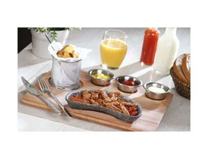 GGM Gastro Bộ Đĩa Nóng Fajita - Bộ 6 Món - Gồm Đế Gỗ, 3 Chén Nhỏ & Giỏ Chiên - Chảo Gang & Phụ Kiện Thép Không Gỉ (AISI 304) - 350x260mm - Hình Quả Thận