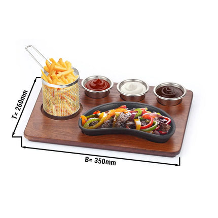 GGM Gastro Bộ Đĩa Nóng Fajita - Bộ 6 Món - Gồm Đế Gỗ, 3 Chén Nhỏ & Giỏ Chiên - Chảo Gang & Phụ Kiện Thép Không Gỉ (AISI 304) - 350x260mm - Hình Quả Thận