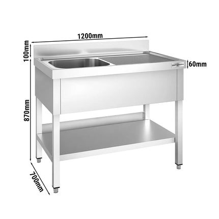 GGM Gastro Bồn Rửa Inox PREMIUM - 1200x700mm - 1 Chậu Bên Trái - Có Kệ Dưới - Có Gờ Chắn