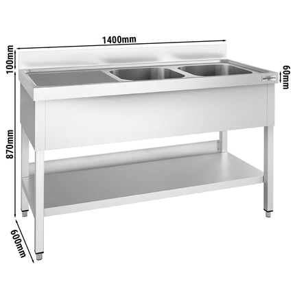 GGM Gastro Bồn Rửa Inox PREMIUM - 1400x600mm - 2 Chậu Bên Phải - Có Kệ Dưới - Có Gờ Chắn