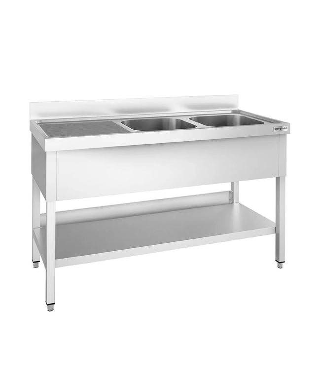 GGM Gastro Bồn Rửa Inox PREMIUM - 1400x700mm - 2 Chậu Bên Phải - Có Kệ Dưới - Có Gờ Chắn