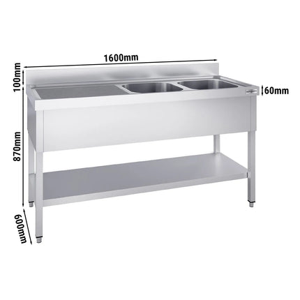 GGM Gastro Bồn Rửa Inox PREMIUM - 1600x600mm - 2 Chậu Bên Phải - Có Kệ Dưới