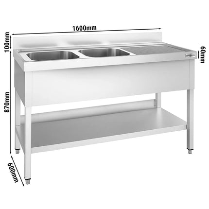 GGM Gastro Bồn Rửa Inox PREMIUM - 1600x600mm - 2 Chậu Bên Trái - Có Kệ Dưới