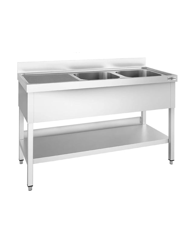 GGM Gastro Bồn Rửa Inox PREMIUM - 1600x700mm - 2 Chậu Bên Phải - Có Kệ Dưới - Có Gờ Chắn