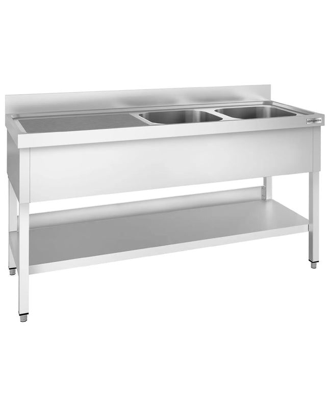 GGM Gastro Bồn Rửa Inox PREMIUM - 1800x600mm - 2 Chậu Bên Phải - Có Kệ Dưới - Có Gờ Chắn