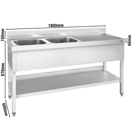 GGM Gastro Bồn Rửa Inox PREMIUM - 1800x600mm - 2 Chậu Bên Trái - Có Kệ Dưới - Có Gờ Chắn