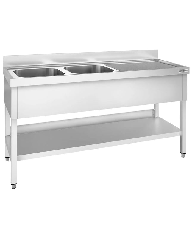 GGM Gastro Bồn Rửa Inox PREMIUM - 2000x600mm - 2 Chậu Bên Trái - Có Kệ Dưới - Có Gờ Chắn