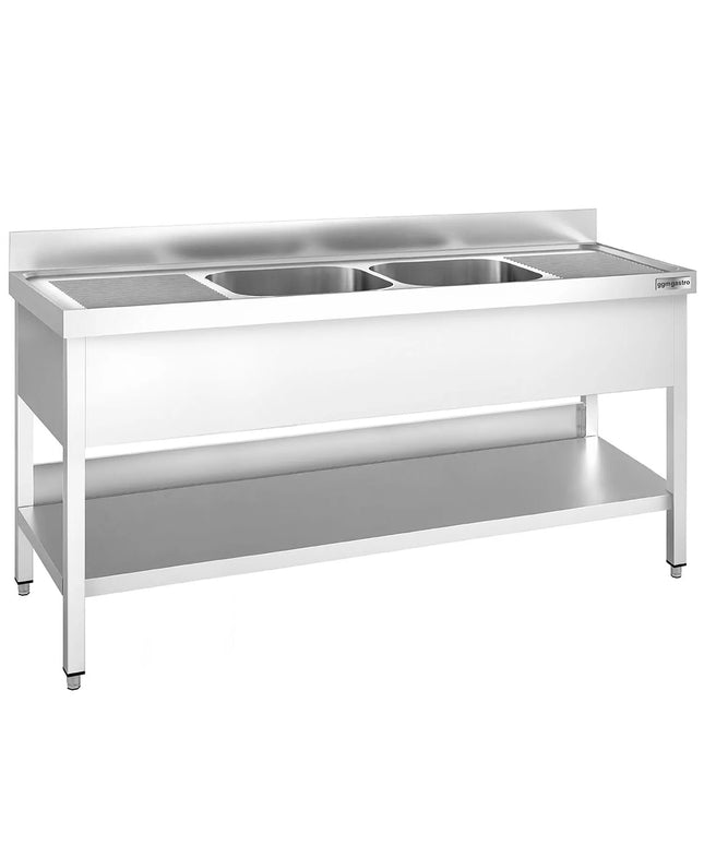 GGM Gastro Bồn Rửa Inox PREMIUM - 2000x600mm - 2 Chậu Giữa - Có Kệ Dưới - Có Gờ Chắn