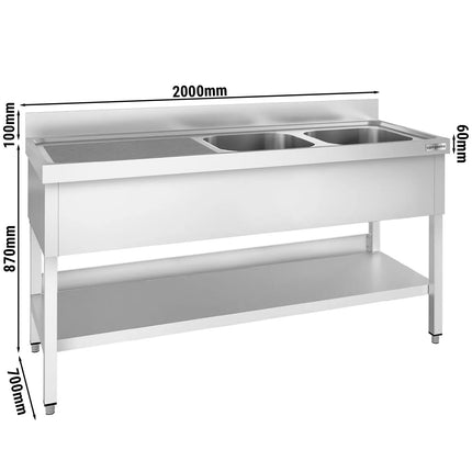 GGM Gastro Bồn Rửa Inox PREMIUM - 2000x700mm - 2 Chậu Bên Phải - Có Kệ Dưới - Có Gờ Chắn
