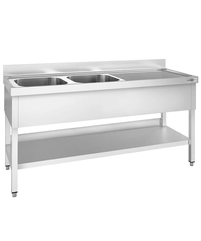 GGM Gastro Bồn Rửa Inox PREMIUM - 2000x700mm - 2 Chậu Bên Trái - Có Kệ Dưới - Có Gờ Chắn