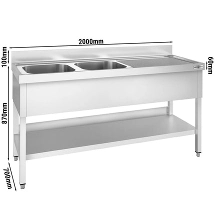 GGM Gastro Bồn Rửa Inox PREMIUM - 2000x700mm - 2 Chậu Bên Trái - Có Kệ Dưới - Có Gờ Chắn