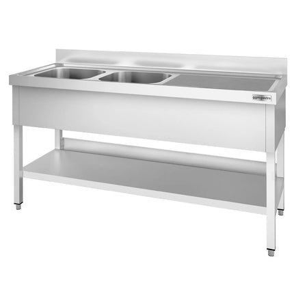 GGM Gastro Bồn Rửa Inox PREMIUM - 2000x700mm - 2 Chậu Bên Trái - Có Kệ Dưới - Có Gờ Chắn