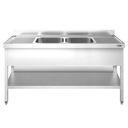 GGM Gastro Bồn Rửa Inox PREMIUM - 2000x700mm - 2 Chậu Giữa - Có Kệ Dưới - Có Gờ Chắn