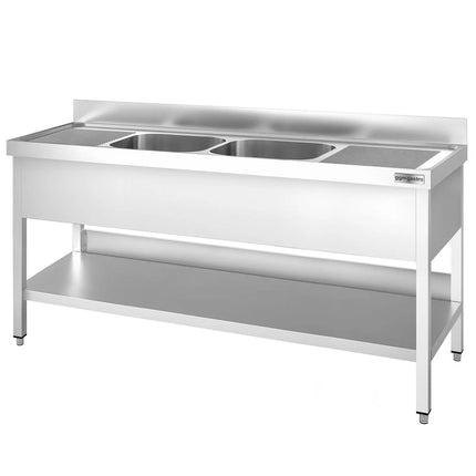 GGM Gastro Bồn Rửa Inox PREMIUM - 2000x700mm - 2 Chậu Giữa - Có Kệ Dưới - Có Gờ Chắn