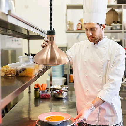 GGM Gastro Buffet Infrared Heat Lamp - Retractable - Dome - Diameter 290mm - 275W - E27 - Cord 600–1500mm - Pale Gold