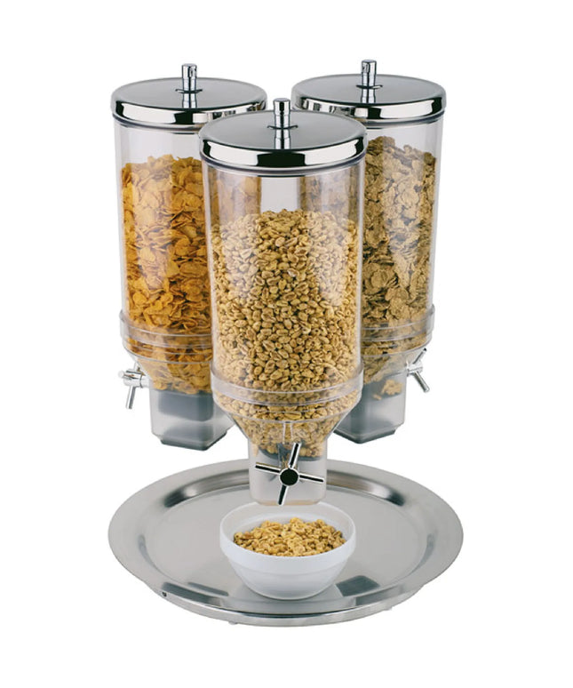 GGM Gastro Cereal Dispenser - ROTATION - triple - rotating - Rotary Dispense - 3 Plastic Containers - 3x 4.5L - Stainless Steel Stand