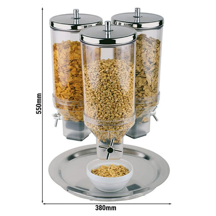 GGM Gastro Cereal Dispenser - ROTATION - triple - rotating - Rotary Dispense - 3 Plastic Containers - 3x 4.5L - Stainless Steel Stand