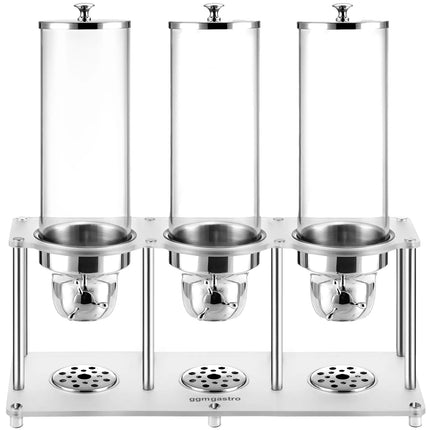 GGM Gastro Cereal Dispenser - triple - Rotary Dispense - 3 Plastic Containers - 3x 3.7L - Stainless Steel Stand