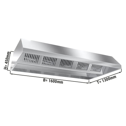 GGM Gastro Chụp Hút Mùi Gắn Trần - 1600mm - Kèm Bộ Lọc Vách Ngăn & Đèn LED - Sâu 1300mm