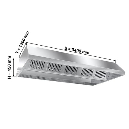 GGM Gastro Chụp Hút Mùi Gắn Trần - 3400mm - Kèm Bộ Lọc Vách Ngăn & Đèn LED - Sâu 1300mm