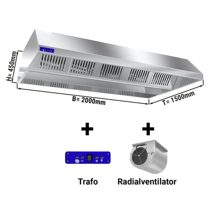 GGM Gastro Chụp Hút Mùi Gắn Trần Có Quạt Tích Hợp - 2000mm - Kèm Bộ Điều Tốc Ngoài, Bộ Lọc Vách Ngăn - Sâu 1500mm