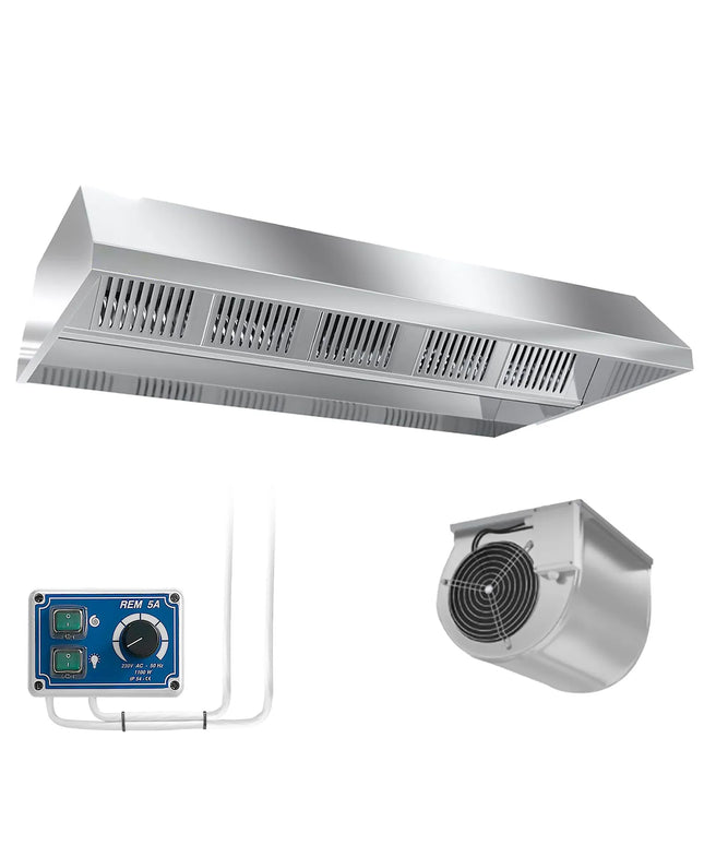 GGM Gastro Chụp Hút Mùi Gắn Trần Có Quạt Tích Hợp - 2600mm - Kèm Bộ Điều Tốc Ngoài, Bộ Lọc Vách Ngăn & Đèn LED - Sâu 1500mm