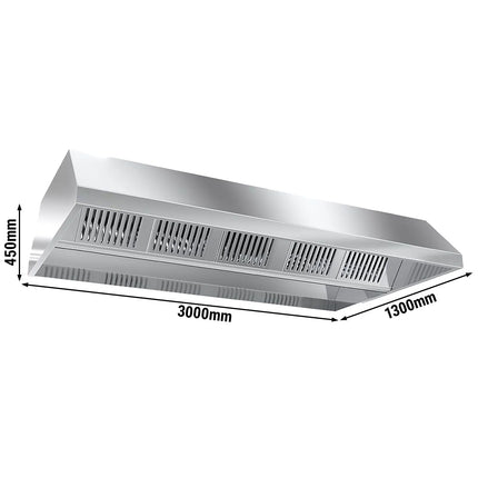 GGM Gastro Chụp Hút Mùi Gắn Trần Có Quạt Tích Hợp - 3000mm - Kèm Bộ Điều Tốc Ngoài, Bộ Lọc Vách Ngăn & Đèn LED - Sâu 1300mm