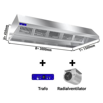 GGM Gastro Chụp Hút Mùi Gắn Trần Có Quạt Tích Hợp - 3000mm - Kèm Bộ Điều Tốc Ngoài, Bộ Lọc Vách Ngăn & Đèn LED - Sâu 1500mm