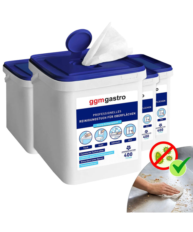 GGM Gastro Cleaning Wipes Dispenser Set - 4x400wipes - Degreasing - Streak-free - Low-lint - Refillable dispensers with resealable lid - Pleasantly scented