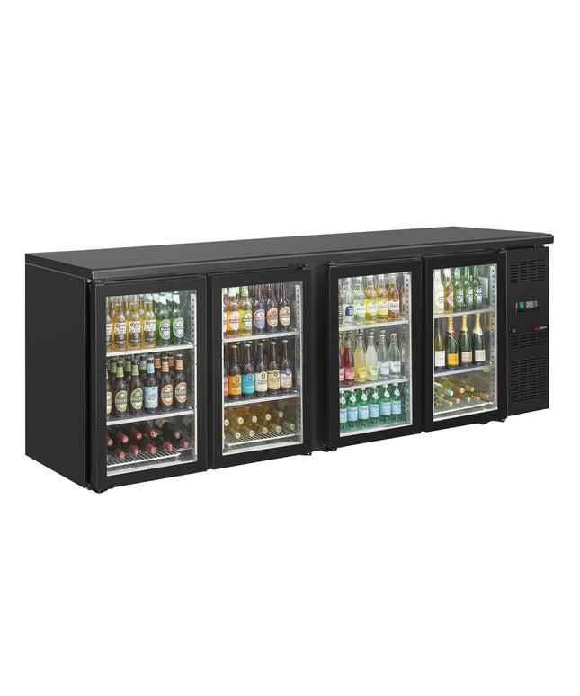 GGM Gastro Commercial Back Bar Bottle Cooler ECO - 2542x513mm - 518L - with 4 Hinged Glass Doors - Black