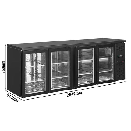 GGM Gastro Commercial Back Bar Bottle Cooler ECO - 2542x513mm - 518L - with 4 Hinged Glass Doors - Black