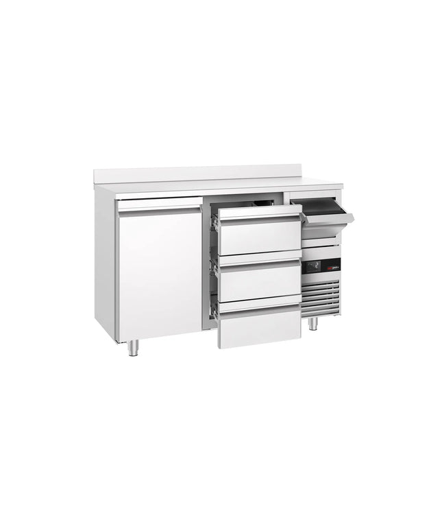 GGM Gastro Commercial Back Bar Bottle Cooler PREMIUM - 1580x600mm - 365L - with 1 Door & 3 Drawers, upstand & knock box for coffee - Stainless Steel