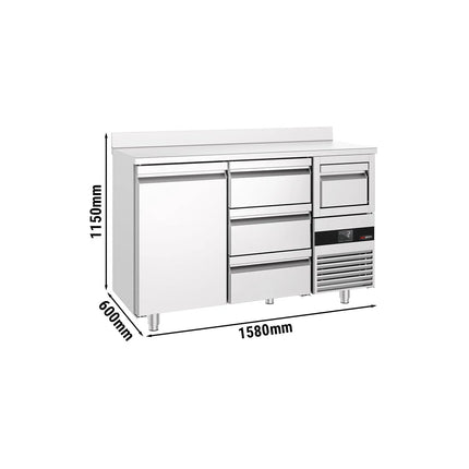 GGM Gastro Commercial Back Bar Bottle Cooler PREMIUM - 1580x600mm - 365L - with 1 Door & 3 Drawers, upstand & knock box for coffee - Stainless Steel
