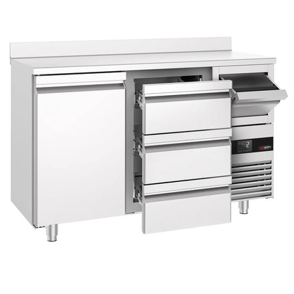 GGM Gastro Commercial Back Bar Bottle Cooler PREMIUM - 1580x600mm - 365L - with 1 Door & 3 Drawers, upstand & knock box for coffee - Stainless Steel