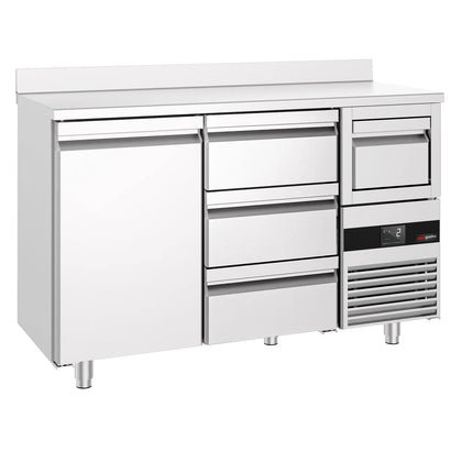 GGM Gastro Commercial Back Bar Bottle Cooler PREMIUM - 1580x600mm - 365L - with 1 Door & 3 Drawers, upstand & knock box for coffee - Stainless Steel