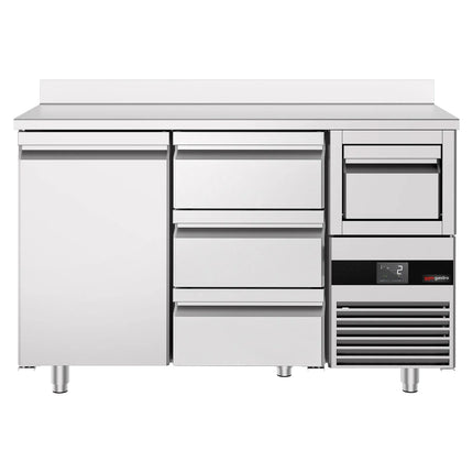 GGM Gastro Commercial Back Bar Bottle Cooler PREMIUM - 1580x600mm - 365L - with 1 Door & 3 Drawers, upstand & knock box for coffee - Stainless Steel