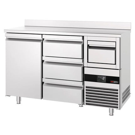 GGM Gastro Commercial Back Bar Bottle Cooler PREMIUM - 1580x600mm - 365L - with 1 Door & 3 Drawers, upstand & knock box for coffee - Stainless Steel